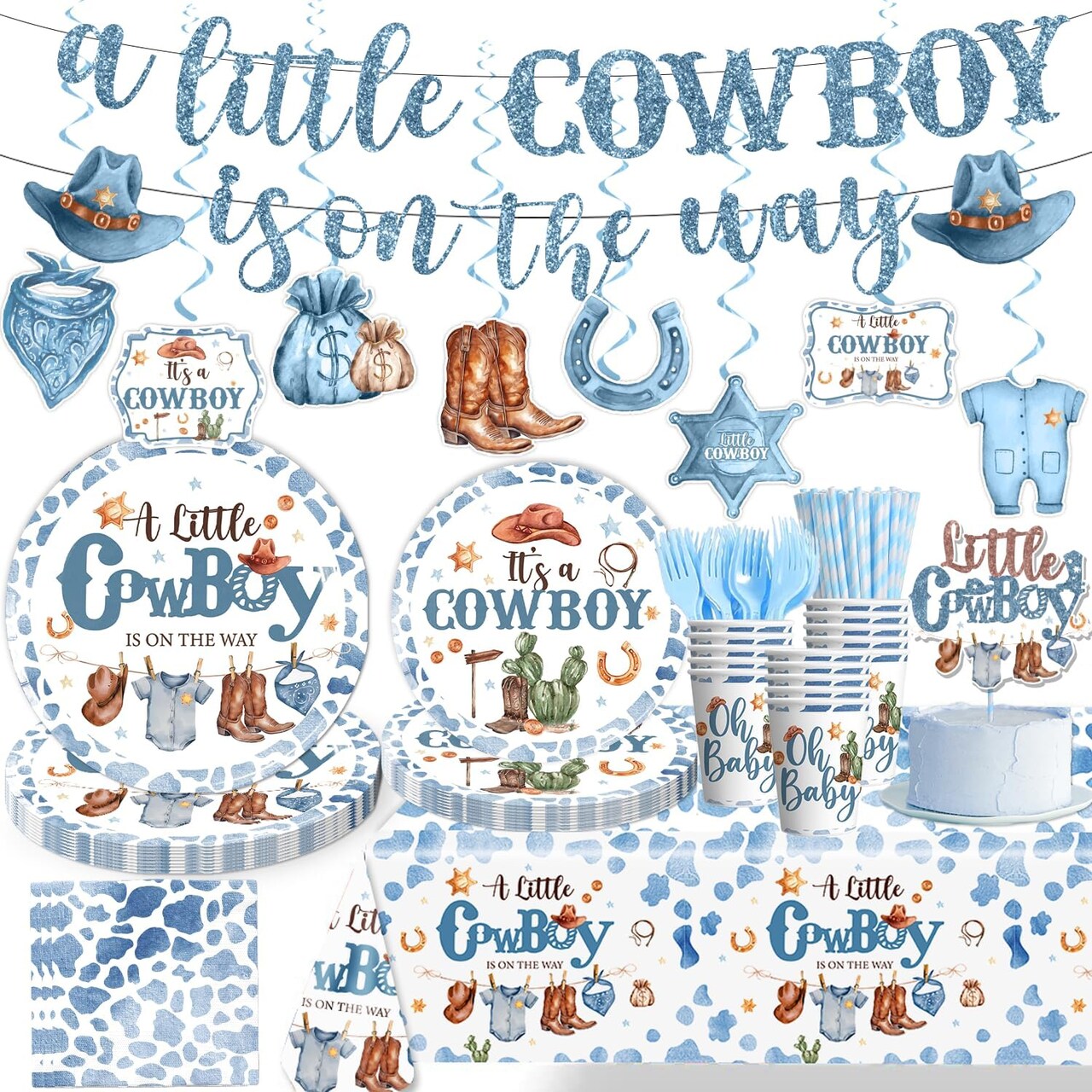 161pc Cowboy Baby Shower Party Set – Serves 25, with Plates, Napkins, Tablecloth & Cake Topper (Blue)